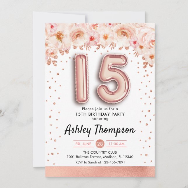 15th Birthday Party - Rose Gold Balloons Invitation (Front)