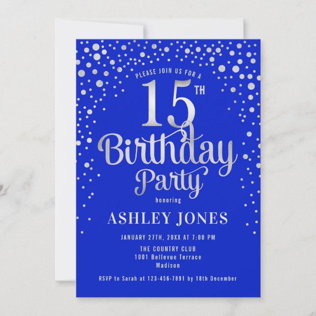 15th Birthday Party - Royal Blue & Silver Invitation (Front)