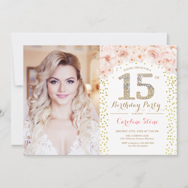 15th Birthday Party With Photo - Gold Pink Floral  Invitation (Front)