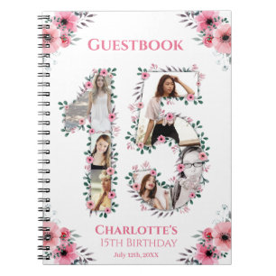 15th Birthday Photo Collage Pink Flower Guest Book