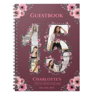 15th Birthday Photo Collage Pink Flower Guest Book