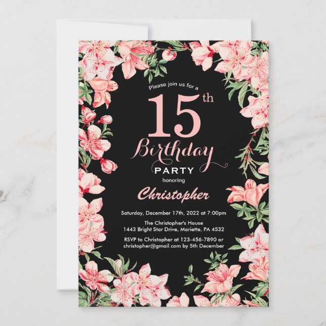15th Birthday Pink Floral Flowers Black Background Invitation (Front)