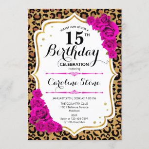 15th Birthday - Pink Gold Leopard Print Invitation