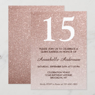 15th Birthday Pink Rose Gold Glitter Quinceañera Invitation