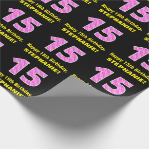 15th Birthday: Pink Stripes and Hearts "15" + Name Wrapping Paper
