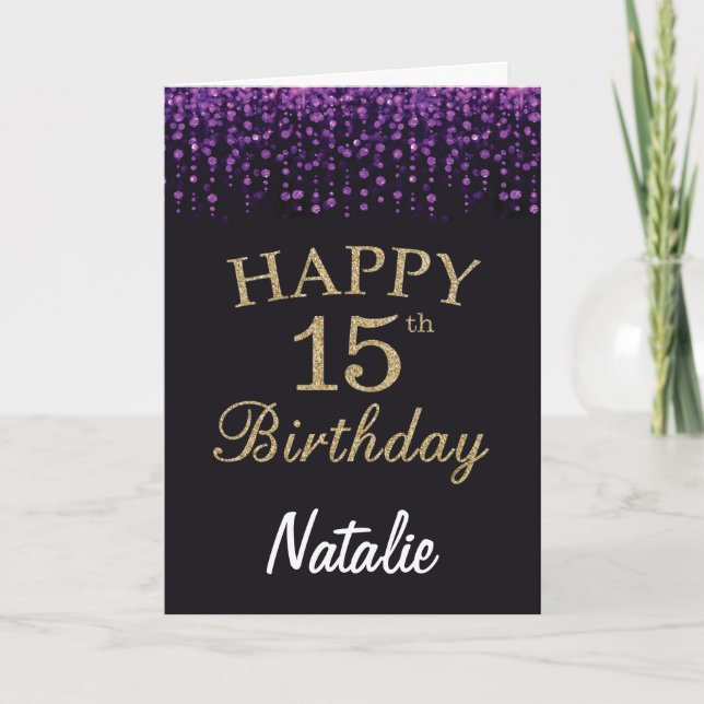 15th Birthday Purple Black and Gold Glitter Card (Front)