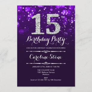 15th Birthday - Purple Silver Invitation