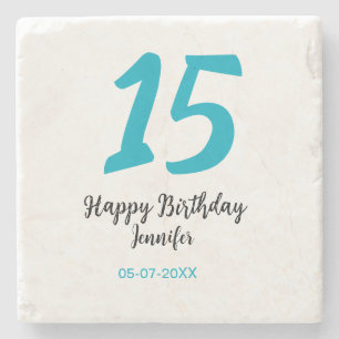 15th birthday quiencenera add date year blue templ stone coaster