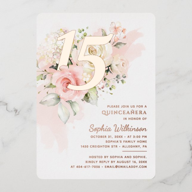 15th Birthday Quinceanera Floral Gold (Front)