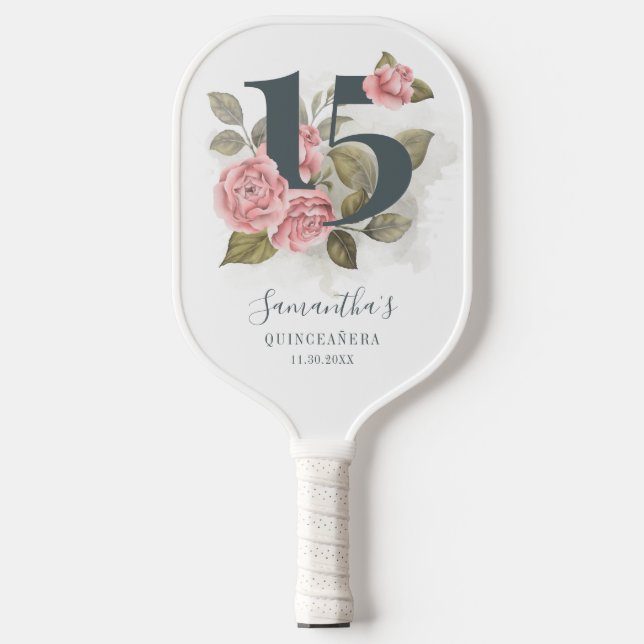 15th Birthday Quinceanera Pink Floral Pickleball Paddle (Front)