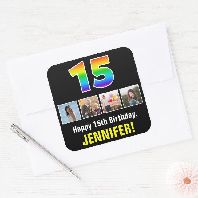 15th Birthday: Rainbow “15”; Custom Photos & Name Square Sticker (Envelope)