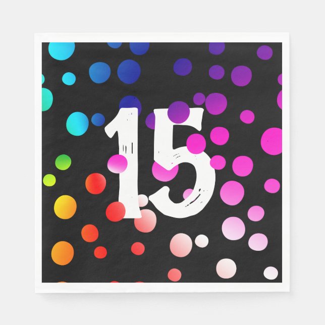15th Birthday Rainbow Dots on Black Napkin (Front)