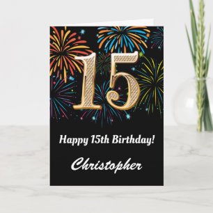 15th Birthday Rainbow Fireworks Black and Gold Card