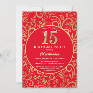 15th Birthday Red and Gold Floral Pattern Invitation
