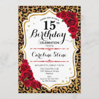 15th Birthday - Red Gold Leopard Print