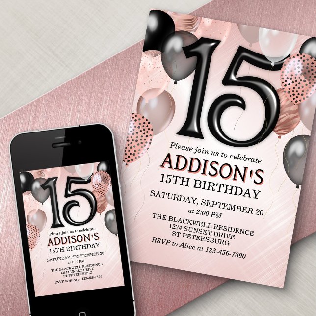 15th Birthday Rose Gold Balloons Invitation (Creator Uploaded)