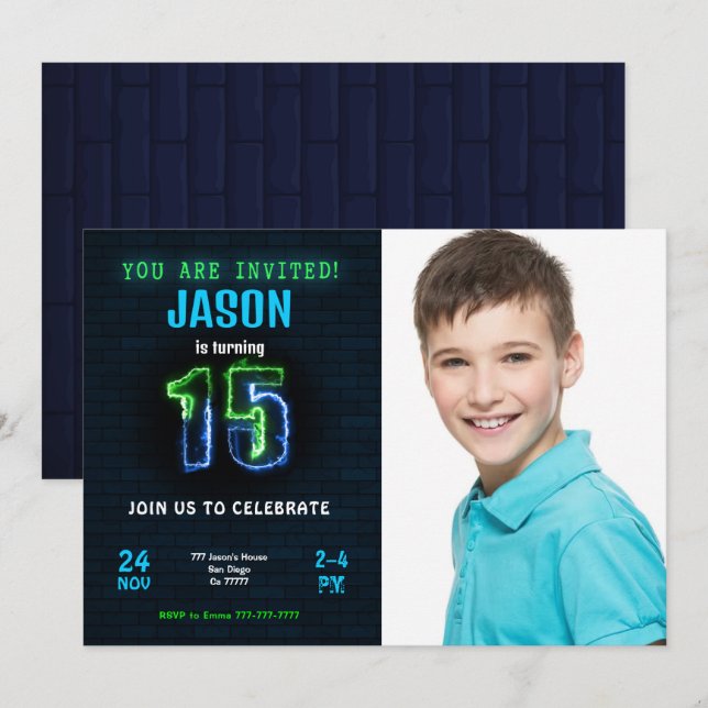 15th Boy Birthday Photo Invitation (Front/Back)