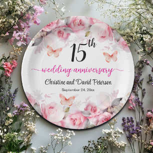 15th Crystal Wedding Anniversary Blush Roses Paper Plate
