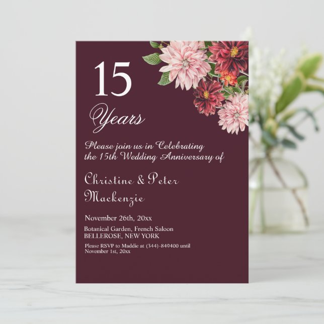 15th Crystal Wedding Anniversary Burgundy Floral Invitation (Standing Front)