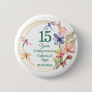 15th Crystal Wedding Anniversary Gold Frame Floral 2 Inch Round Button