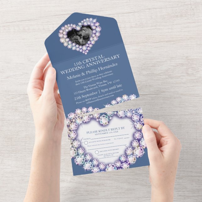15th crystal wedding anniversary photo blue all in one invitation (Tearaway)