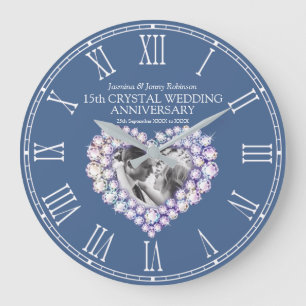 15th Crystal Wedding Anniversary photo heart Large Clock