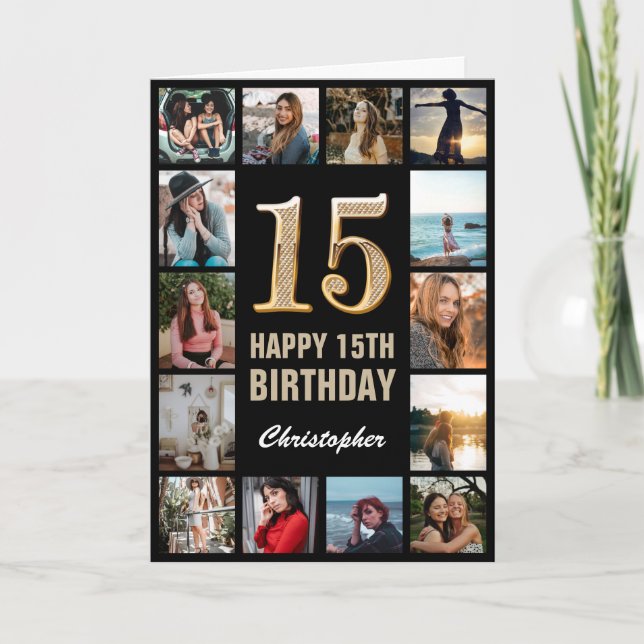 15th Happy Birthday Black and Gold Photo Collage Card (Front)