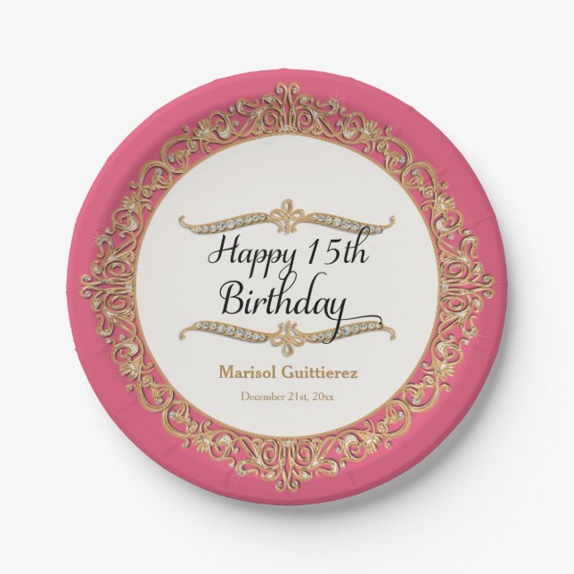 15th Happy Birthday Party Celebration Quinceanera Paper Plate (Front)