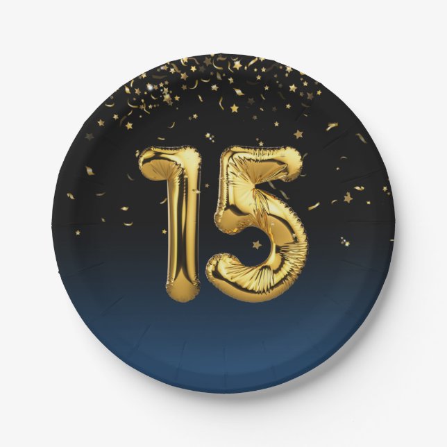 15th Party Balloons And Gold Confetti  Paper Plate (Front)