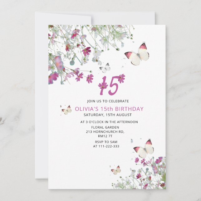 15th Purple Lilac Butterflies birthday Invitation (Front)