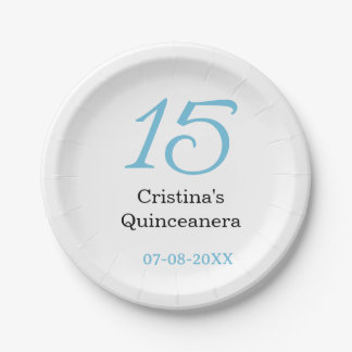 15th quinceanera birthday blue black bold letter n paper plate