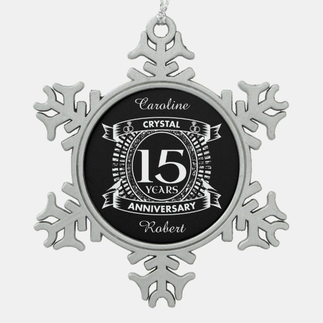 15TH wedding anniversary black and white Snowflake Pewter Christmas Ornament (Front)
