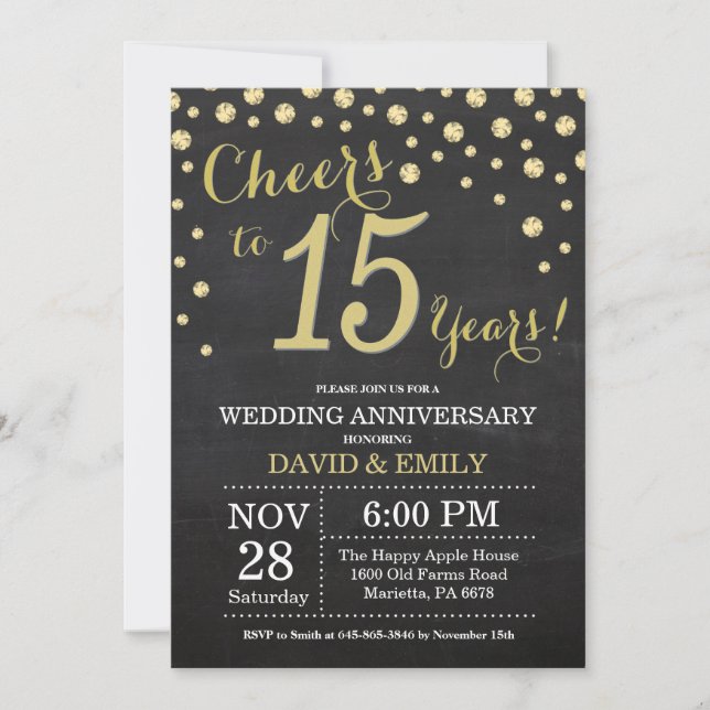 15th Wedding Anniversary Chalkboard Black and Gold Invitation (Front)