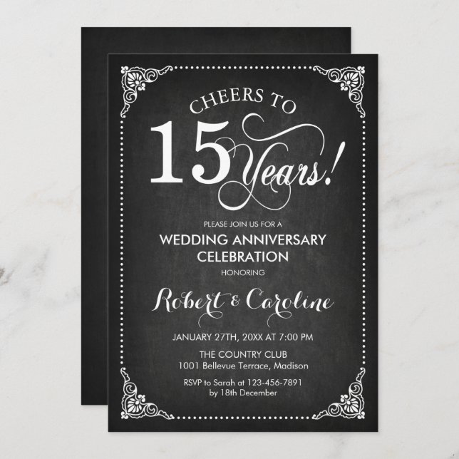 15th Wedding Anniversary - Chalkboard White Invitation (Front/Back)