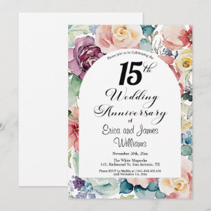 15th Wedding Anniversary Elegant Script Floral Invitation