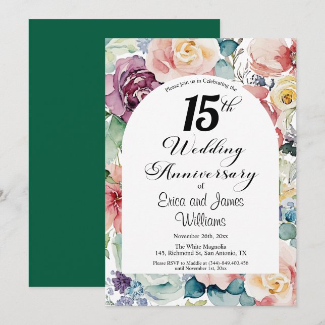 15th Wedding Anniversary Elegant Script Floral Invitation (Front/Back)