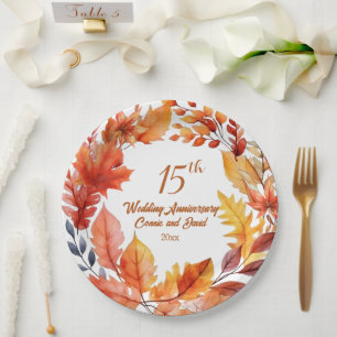 15th Wedding Anniversary Fall Floral Paper Plate