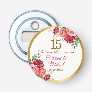 15th Wedding Anniversary Gold Frame Floral Bottle Opener