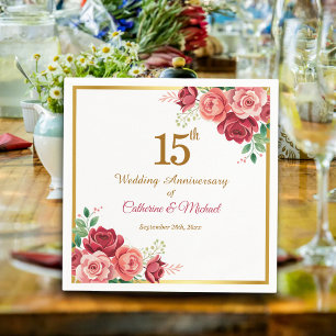15th Wedding Anniversary Gold Frame Floral Napkin