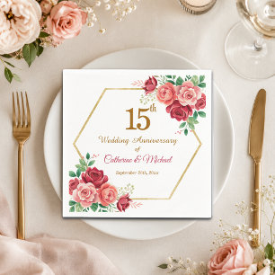 15th Wedding Anniversary Gold Frame Floral Napkin