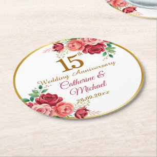 15th Wedding Anniversary Gold Frame Floral Round Paper Coaster