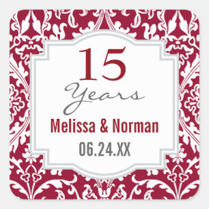 15th Wedding Anniversary Ruby Red Damask A04A Square Sticker