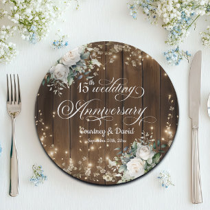 15th Wedding Anniversary Rustic String Lights Paper Plate