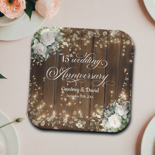 15th Wedding Anniversary Rustic String Lights Paper Plate