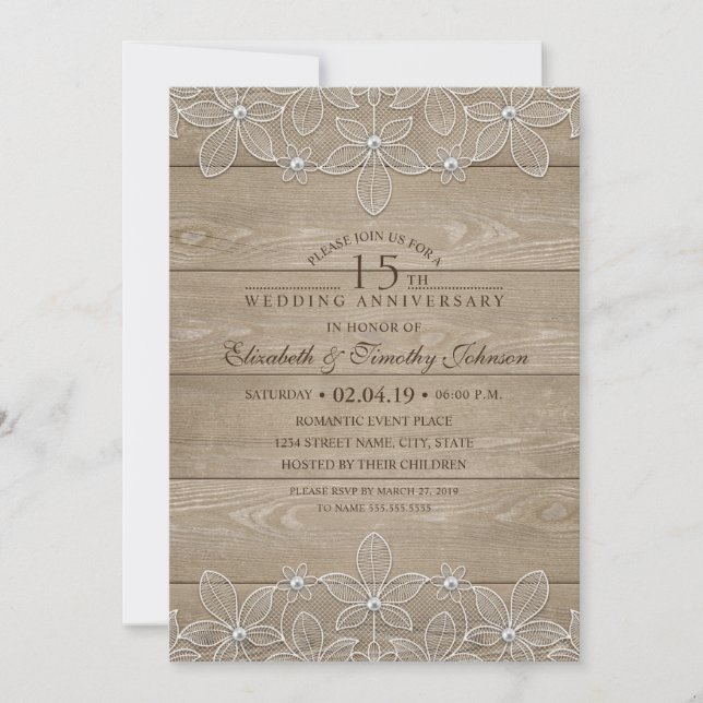 15th Wedding Anniversary Rustic Wood Vintage Lace Invitation (Front)