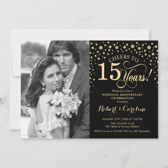 15th Wedding Anniversary with Photo - Gold Black Invitation (Front)