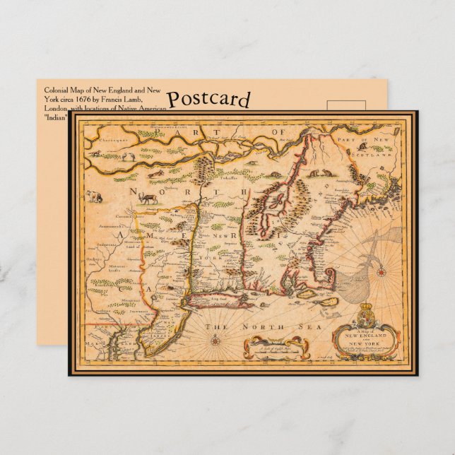 1600s New England Map Native American Settlements Postcard (Front/Back)