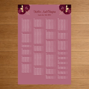 160 Burgundy And Gold Floral Wedding Seating Chart