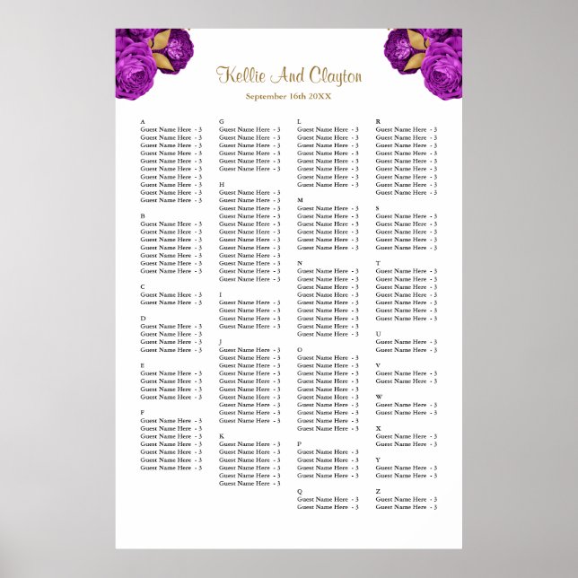 160 Purple And Gold Floral Wedding Seating Chart (Front)