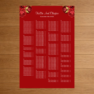 160 Red And Gold Floral Wedding Seating Chart